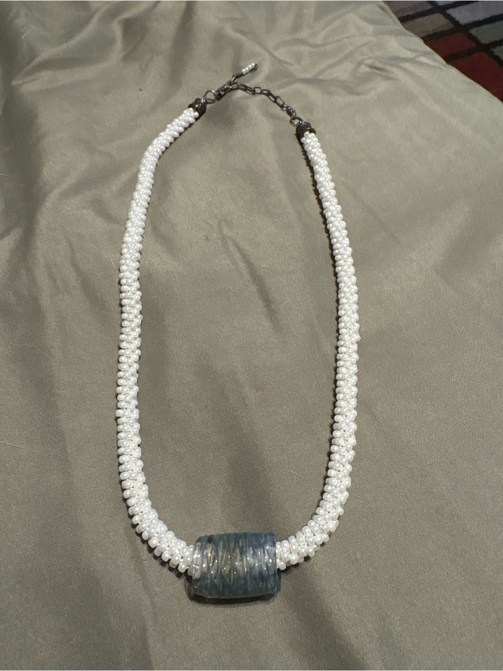 Pearl Beaded Necklace with Blue Glass Accent
